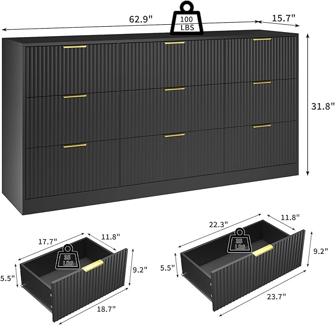Dresser for Bedroom with 9 Drawer, 63” Long Black Dresser Modern Chest of Drawers with Metal Handle, Wood TV Stand Storage Organizer for Bedroom, Living Room, Black