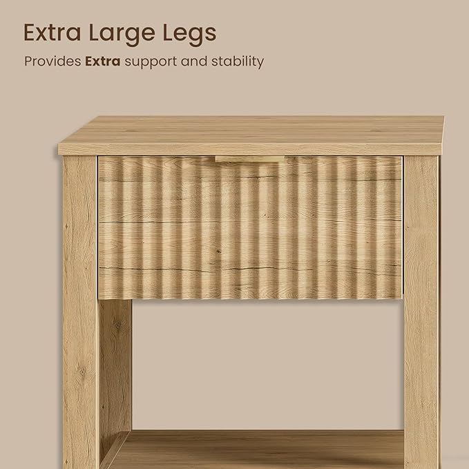 Fluted Night Stand with Golden Handle,Set of 2 Mid-Century Nightstands with Drawer, Bedside Table with Storage Shelf,Large End Tables for Livingroom,Bed Side Tables for Bedroom, Natrual Oak