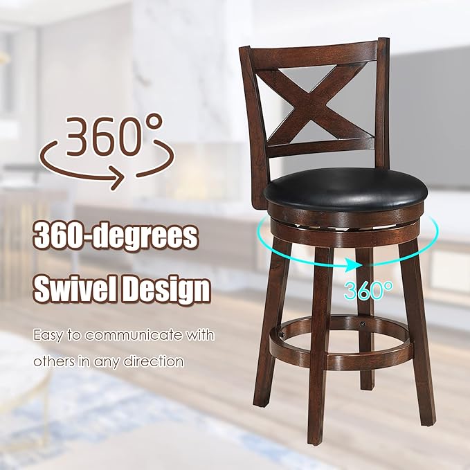 COSTWAY Bar Stools, Counter Height Dining Chair, Fabric Upholstered 360 Degree Swivel, PVC Cushioned Seat, Perfect for Dining and Living Room