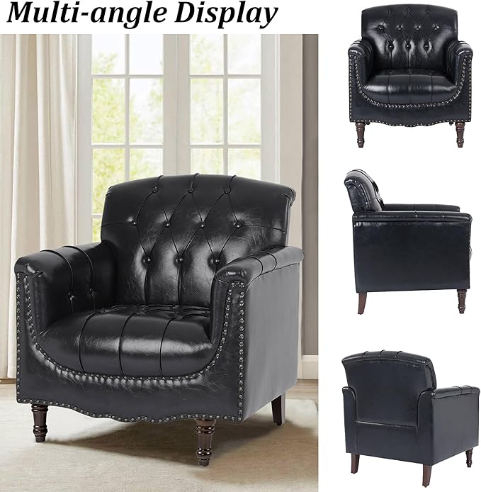 Faux Leather Accent Chair, PU Leather Modern Comfy Upholstered Armchair with Wood Legs & Nailhead Trim for Living Room, Bedroom