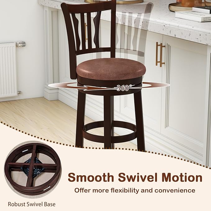 COSTWAY 30" Bar Height Stools Set of 4, Swivel High-Top Chairs with Backrest & Faux Leather Padded Seat, Rubber Wood Counter Barstools with Footrest for Kitchen Islands, Dining Room, Pub (4,30'')