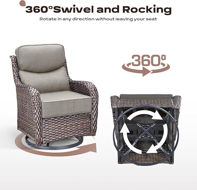 Rilyson 4 Piece Outdoor Patio Swivel Rocker Chairs, Waterproof Wicker, High Back, Deep Seating, Wide Armrest, Upgraded 6 inch Thick Cushions, Ideal for Deck Porch Backyard, Brown/Beige