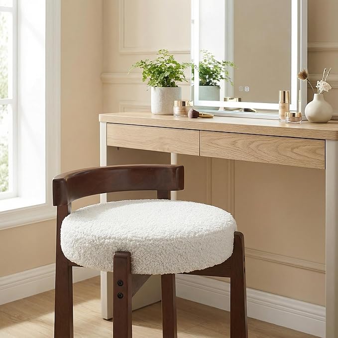 HNY Modern Boucle Ottoman : Upholstered Vanity Chair with Solid Wood Legs, Cute Round Footrest for Bedroom & Living Room, White