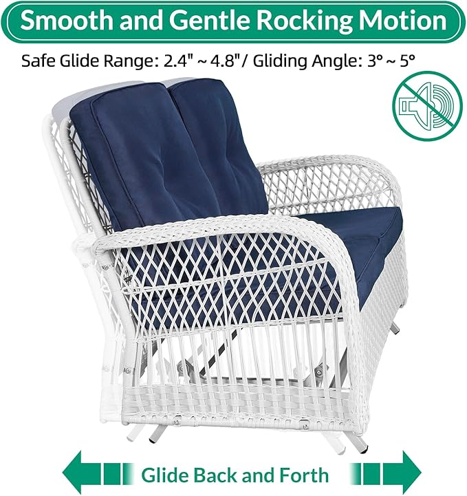 VIVIJASON 4-Piece Outdoor Patio White Wicker Conversation Sets, All Weather Outdoor Rattan Furniture Set Includes Glider Loveseat, Coffee Table, 2 Rocking Chairs with Cushions for Backyard, Navy Blue