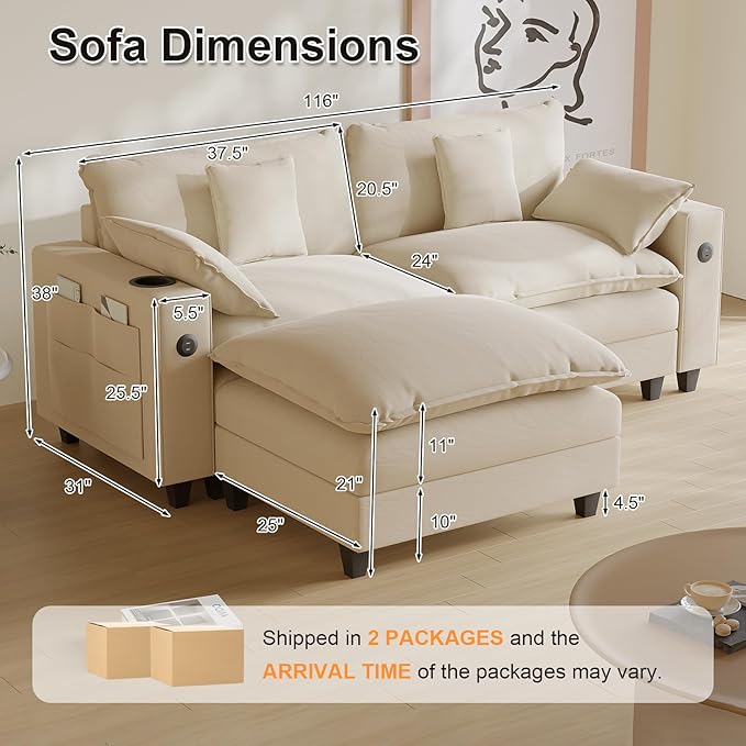Cloud Couch, Modular Sectional Sofa with Ottoman, Charging Station, Throw Pillows, Cup Holders, Modern Convertible L Shaped Couches for Living Room, Bedroom (White, 80.7"- L Shape)