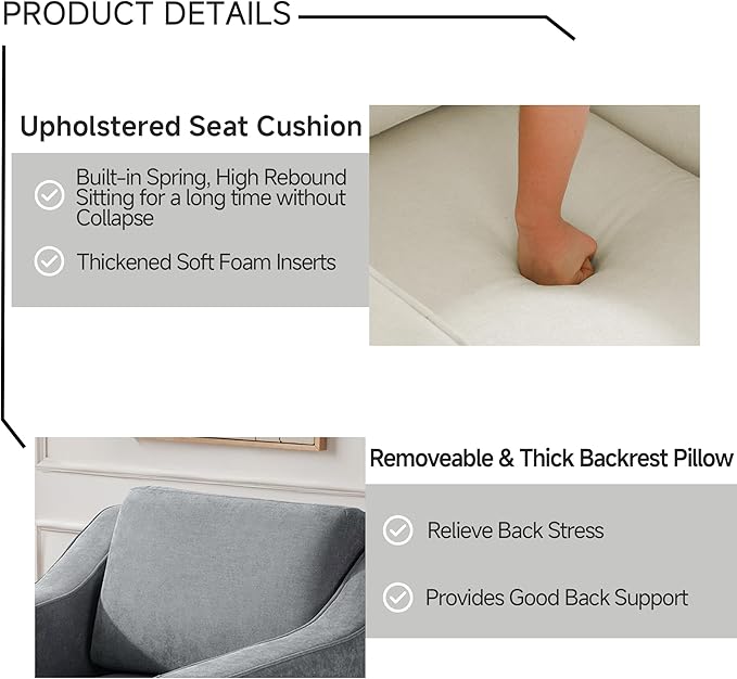 UIXE Swivel Accent Chair, Chenille Fabric Upholstered Arm Chair for Living Room, Modern Club Armchair Comfy Single Sofa Bedroom Reading Seat with Lumbar Pillow - Gray