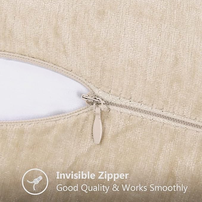 decorUhome Chenille Soft Throw Pillow Covers 26x26 Set of 2, Farmhouse Velvet Neutral Decorative Euro Pillow Covers with Stitched Edge for Couch Sofa Bed Home Decor, Beige