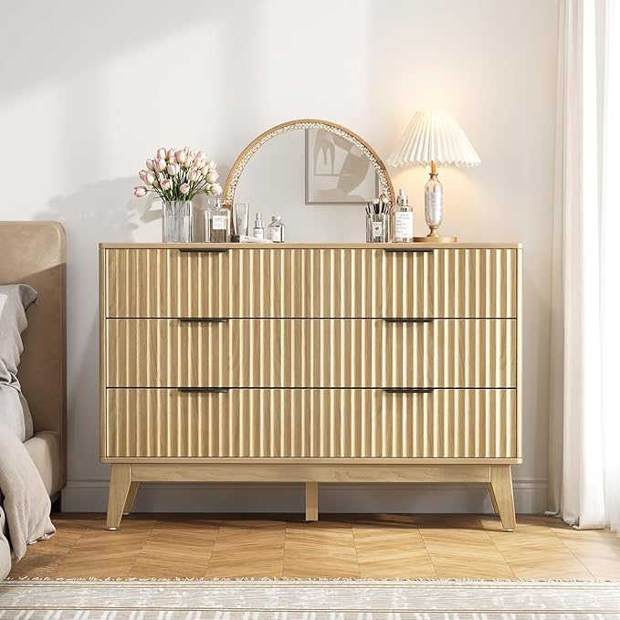 Modern 6 Drawer Dresser, Natural Oak, Fluted Wave Design, Rounded Corners, Mid Century Dresser TV Stand, 48" Wide Chest of Drawers for Bedroom and Living Room