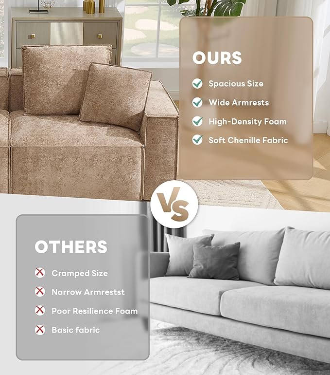 WILLOVE Modular Sectional Sofa Set, Chenille Cloud Couch with Wide Armrests & 8 Pillows, Deep Seat Couches for Living Room, 2+4-Seater Khaki