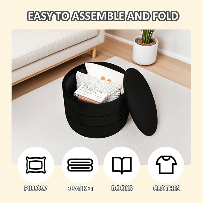 PINPLUS Large Round Velvet Storage Ottoman, Black Upholstered Footstool with Hidden Storage, Sturdy Coffee Table Ottoman for Living Room & Bedroom