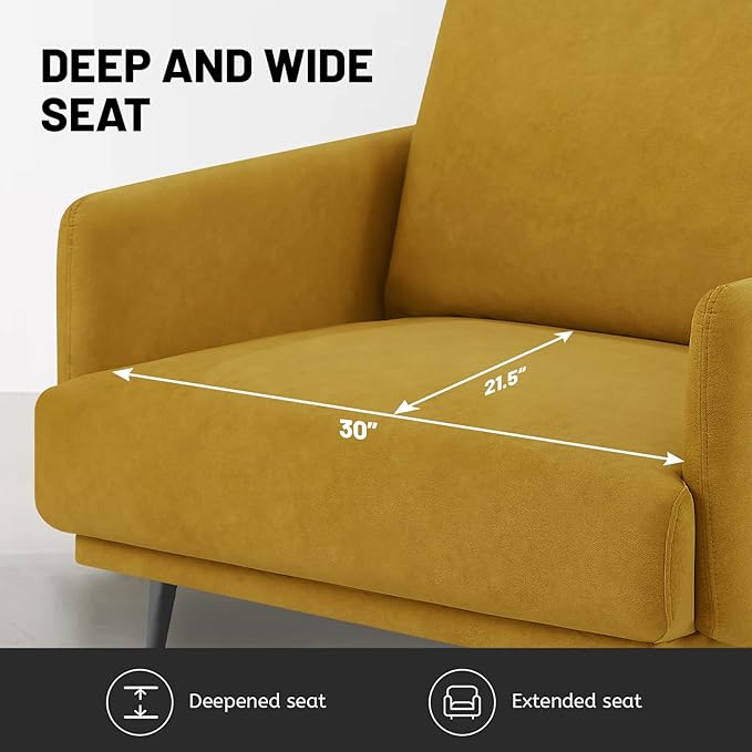 Oversized Accent Chair for Living Room Chairs Reading Arm Chair Comfy Modern Single Sofa Side Chairs with Metal Legs & Soft Cushion for Bedroom, Waiting Room (Velvet Yellow, Set of 1)