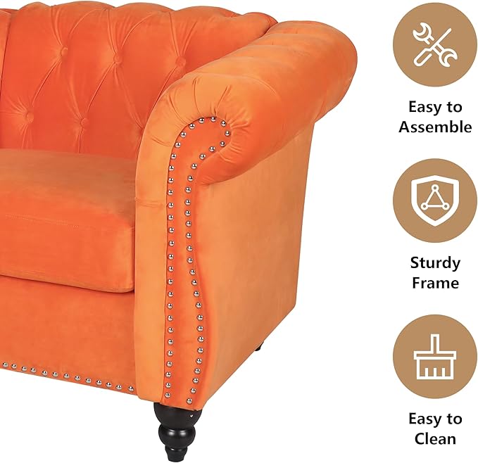 Velvet Loveseat Sofa, Mid Century Modern Upholstered Couch, 62" Oversized Comfy 2 Seater Love Seat Couch with Cushions, Tufted Chesterfield Sofa for Living Room, Bedroom, Apartment (Orange)