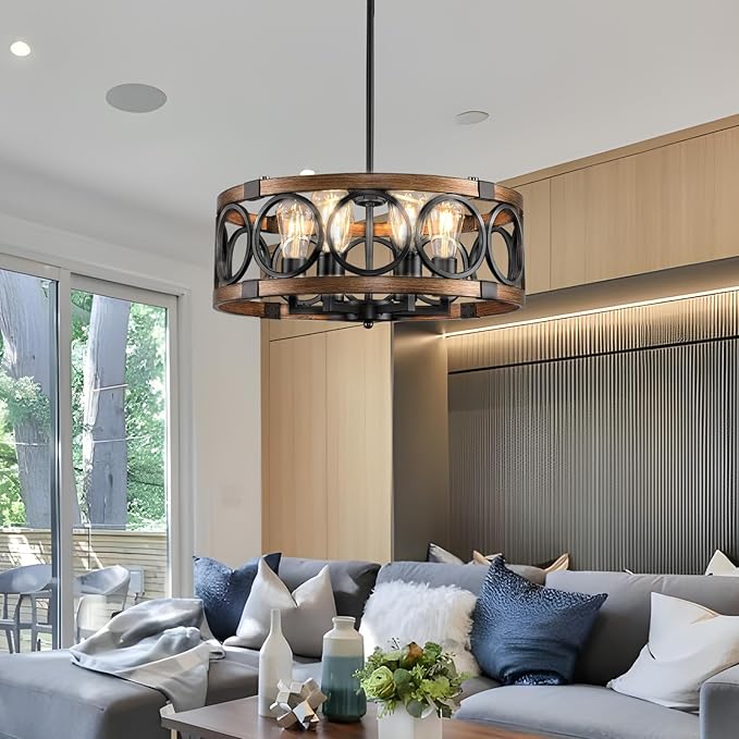 Semi Flush Mount Ceilnig Light,6-Light Farmhouse Chandelier Rustic,Modern Light Fixture Ceiling Mount Round Metal Vintage Chandelier Dining Room Light Fixtures for Kitchen