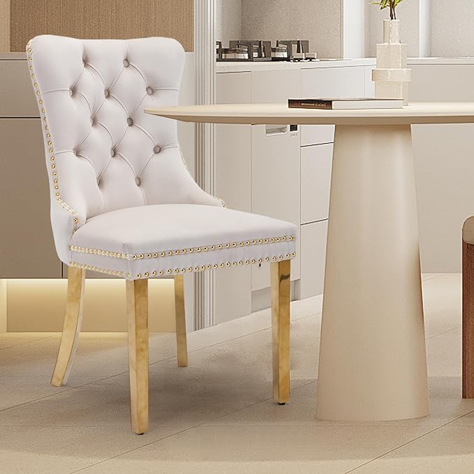 Velvet Upholstered Dining Chairs Set of 2, Modern Style Kitchen Side Chairs with Nailhead Trim and Gold Plated Leg, Metal Pulling Ring for Dining Room Living Room(Beige-Gold Plated Leg)