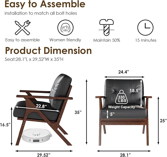 STHOUYN Black Leather Office Accent Chair with Wooden Arms, Office Lounge Chair, Mid Century Modern Chair, Side Arm Chairs for Living Room, Guest Waiting Room Chairs (1, Black)