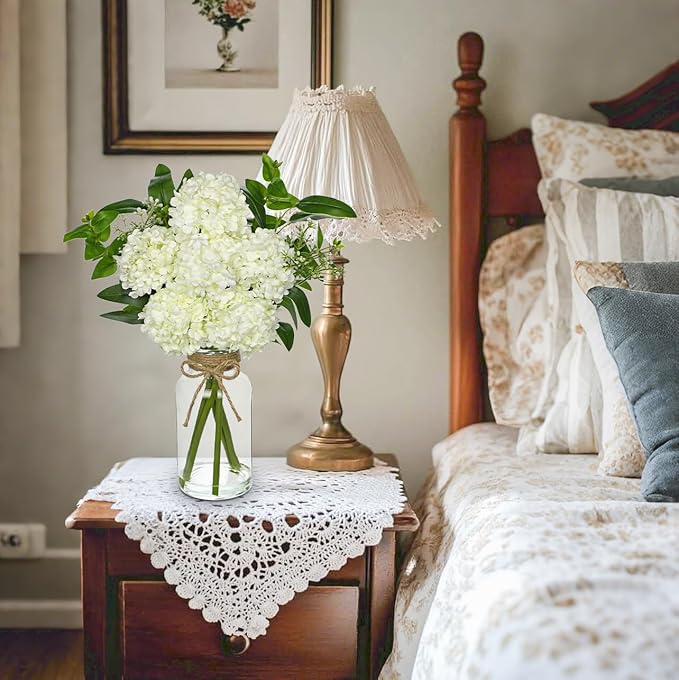 Hollyone White Hydrangea Artificial Flowers in Clear Glass Vase with Faux Water Silk Hydrangeas Fake Flowers Floral Arrangement for Home Bathroom Kitchen Office Table Centerpiece Shelf Decorations