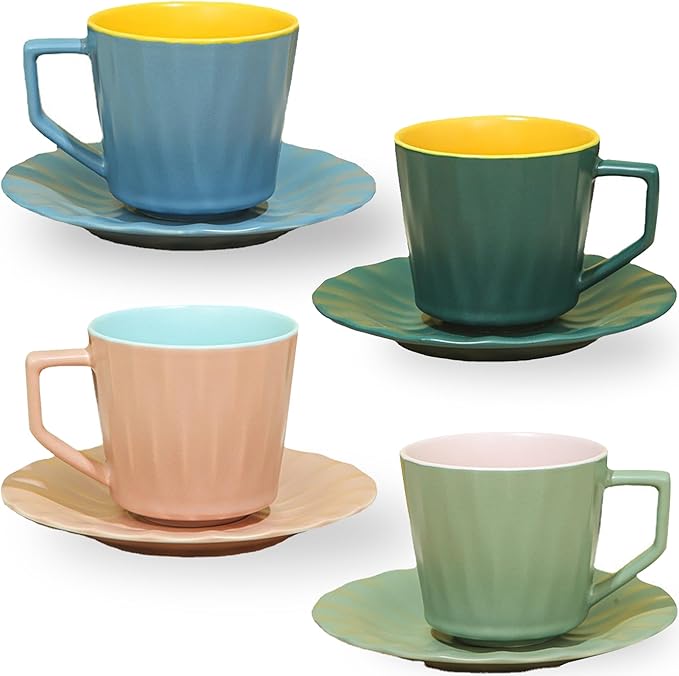 Tea Cups and Saucers, 7.5 OZ Large Espresso Cups Set of 4, Porcelain Coffee Mug and Saucer, Dishwasher & Microwave Safe for Cappuccino, Latte, Mocha, Tea Party, Birthday Gift