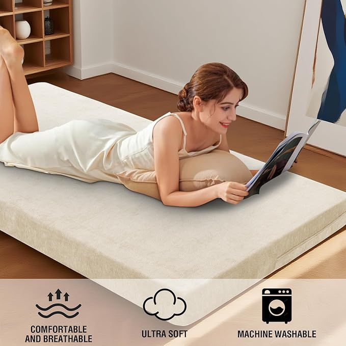 H.VERSAILTEX Twin Size Armless Futon Mattress Covers for Traditional Japanese Futon Mattress Soft Chenille Couch Slipcovers Floor Mats Sofa Protector Zippered Sleeper Sofa Cover,Beige