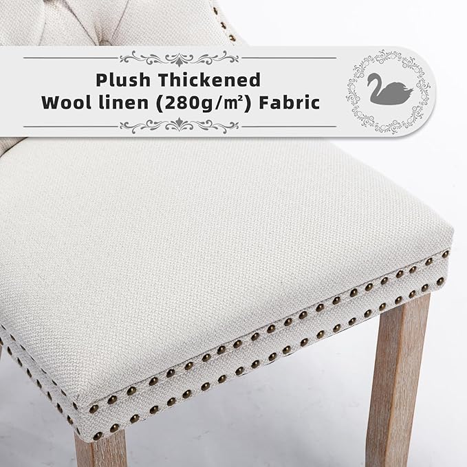 Linen Upholstered Dining Chairs Set of 4, Modern Style Kitchen Side Chairs with Nailhead Trim and Wood Leg, Metal Pulling Ring for Dining Room Living Room(Beige,Set of 4)
