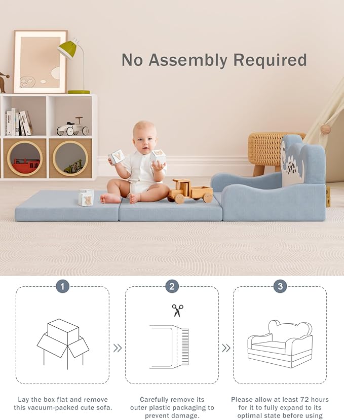 YACODAVO 2-in-1 Kids Couch Fold Out, Convertible Toddler Couch to Lounger, Toddler Chair Comfy, Kids Sofa for Girls and Boys, Gift for Birthday, Children's Day, Dinosaur Blue