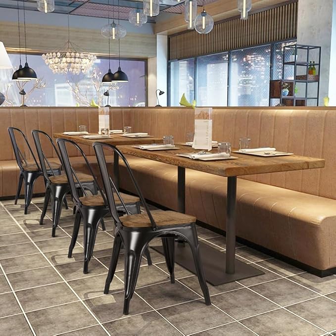 Yaheetech 18 Inch Classic Iron Metal Dining Chair with Wood Top/Seat Indoor-Outdoor Use Chic Dining Bistro Cafe Side Barstool Bar Chair Coffee Chair Set of 4 Black