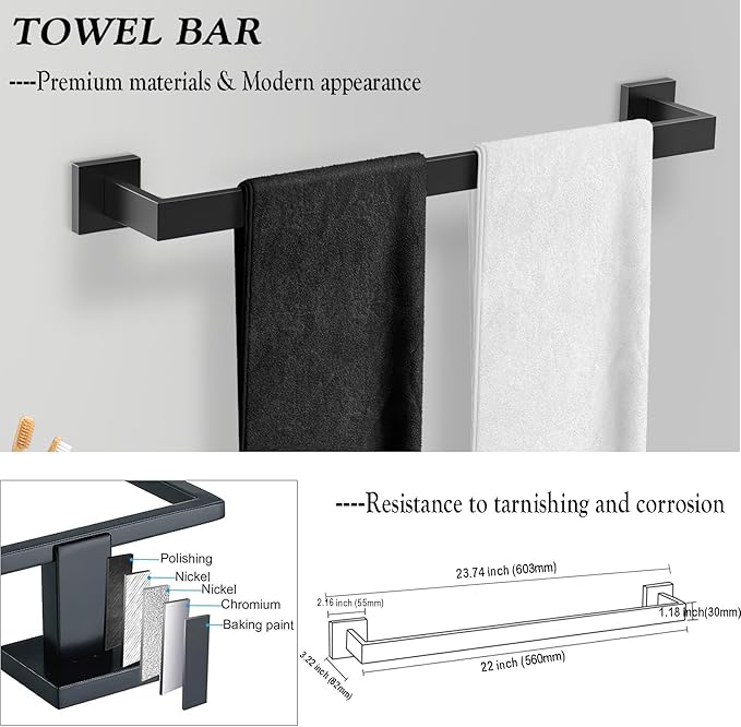 BOZWELL 5 Pieces Matte Black Bathroom Hardware Accessories Set Square Towel Racks for Bathroom 23.6 inch Stainless Steel Towel Bar Set Wall Mounted Towel and TP Set