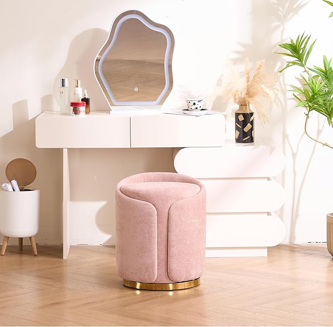 Swivel Vanity Stool with Back Comfy Vanity Chair with Gold Base Modern Round Stool for Makeup Vanity Ottoman Foot Rest for Bedroom livingroom (Pink)