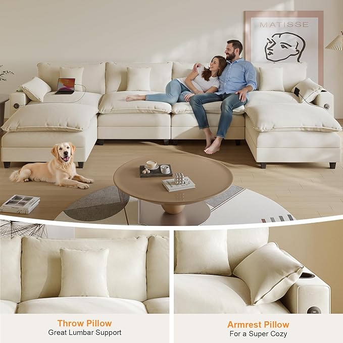 Cloud Couch, Modular Sectional Sofa with Ottoman, Charging Station, Throw Pillows, Cup Holders, Modern Convertible L Shaped Couches for Living Room, Bedroom (White, 152"- U Shape)