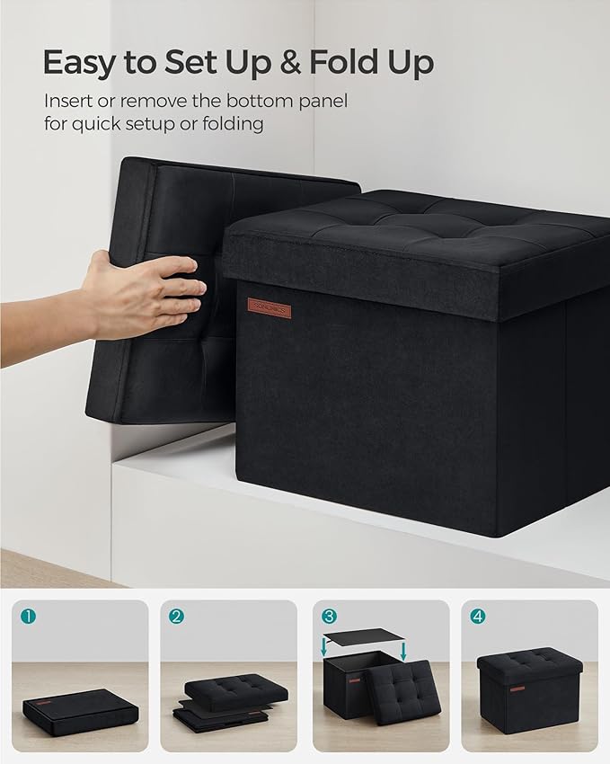 SONGMICS Storage Ottoman, Foldable Small Ottoman Foot Rest, 12.2 x 16.1 Inches Foot Stool, Ottoman with Storage, Load up to 286 lb, for Living Room, Bedroom, Dorm, Ink Black ULSF200B01