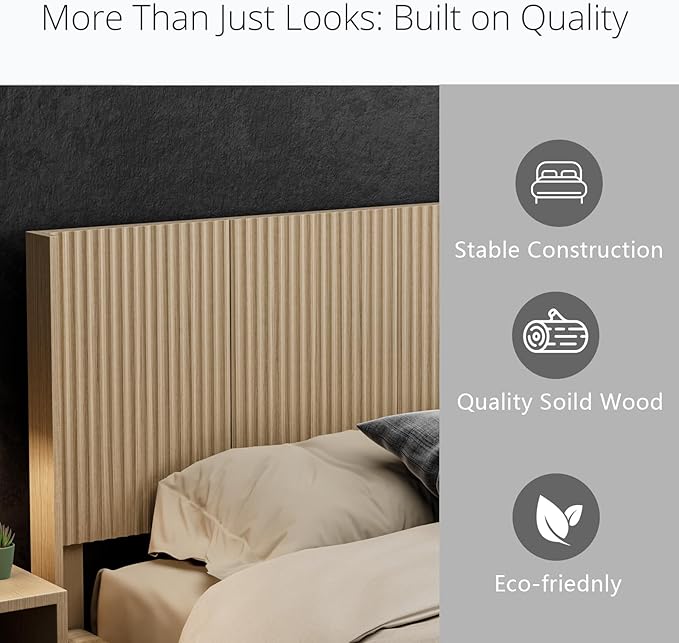 KEIKI Wooden Queen Size Headboard Only, 64.5" Wide Farmhouse Headboards with Wall Mounted Fluted Panel & Wingback for Bedroom, Oak