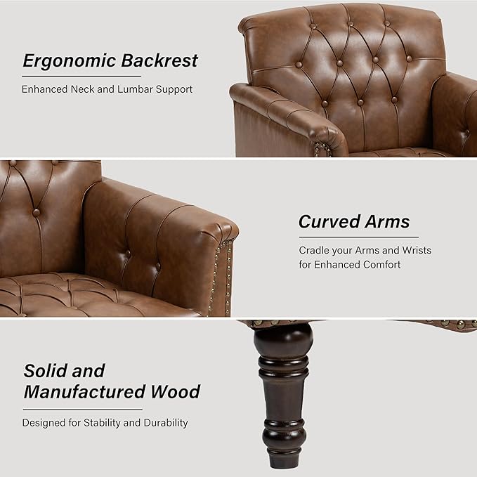 Faux Leather Accent Chair, PU Leather Modern Comfy Upholstered Armchair with Wood Legs & Nailhead Trim for Living Room, Bedroom (Brown,Set of 1)
