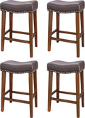 PrimeZone Counter Height Bar Stools Set of 4 - Backless Saddle Barstools with 4.3" Thick Upholstered, Nailhead Trim Faux Leather & Solid Wood Legs, 26 Inch Counter Stools for Kitchen Island, Brown
