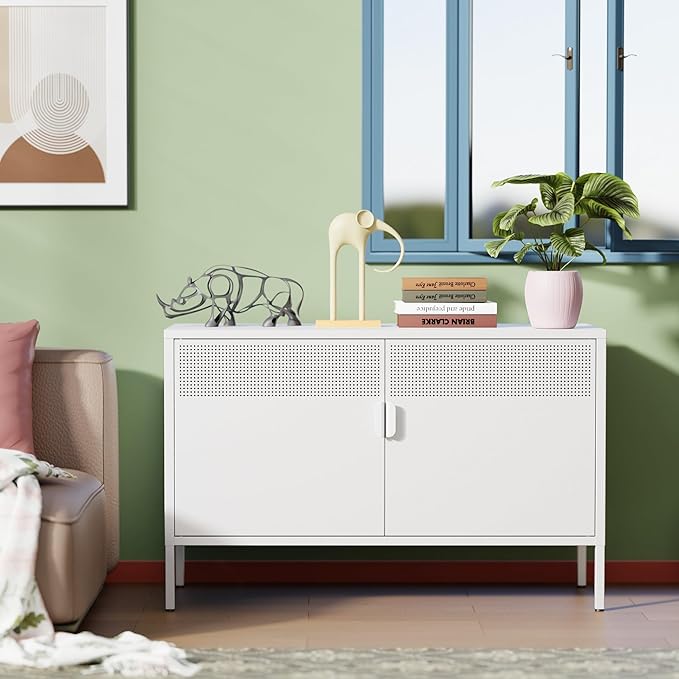 White Metal Locker Storage Cabinet with Adjustable Shelf, Low Metal Storage Cabinet for Home Office, 2 Door Small Decorative Metal Locker Tv Stand Cabinet