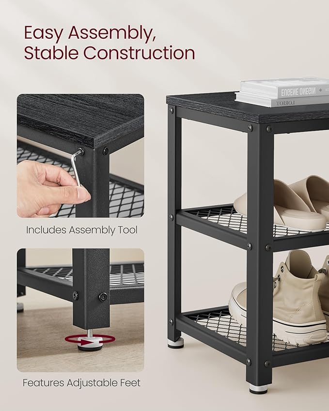 VASAGLE, 3-Tier Shoe Rack, Shelf Storage Bench with Metal Mesh Shelves and Seat, Free Standing Shoe Organizer for Entryway, 11.8 x 28.7 x 17.7 Inches, Ebony Black and Black ULBS073B06