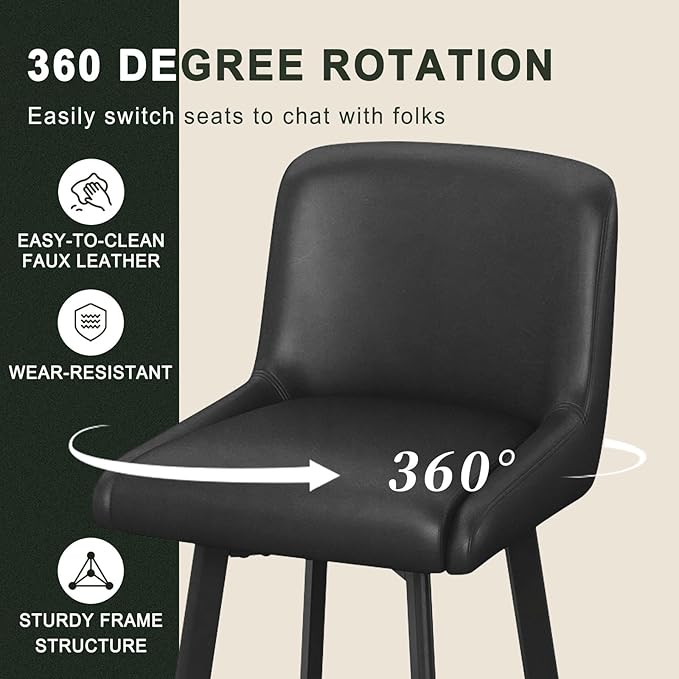 Swivel Bar Stools, 26''H Upholstered Barstools with Backs, Modern Counter Height Bar Stool Chairs for Kitchen Island, Metal Legs (Black- Faux Leather, Set of 4-26" H)