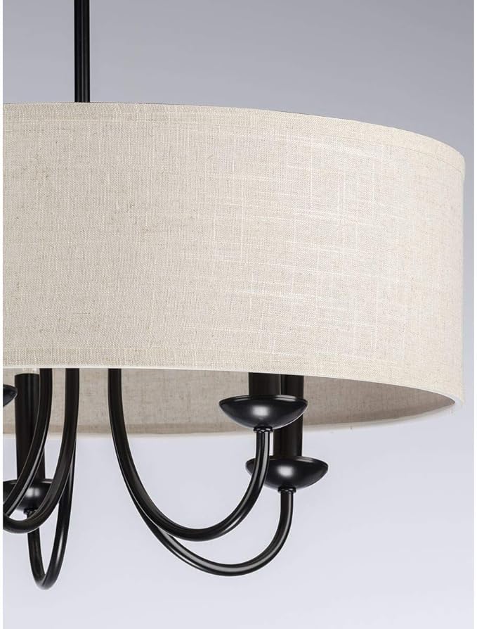 Progress Lighting Drum Shade Collection Five-Light Chandelier, Farmhouse Style Hanging Ceiling Light Fixture for Dining Rooms, Foyers, Harvest Linen Shade, Matte Black