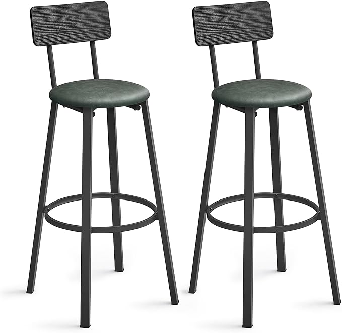 VASAGLE Bar Stools, Set of 2 PU Upholstered Breakfast Stools, 29.7-Inch Barstools with Back and Footrest, Simple Assembly, for Dining Room Kitchen Counter, Classic Black and Forest Green ULBC069C01
