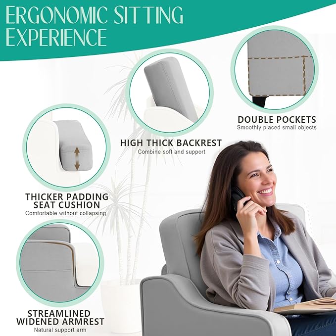 Modern Accent Chair for Bedroom Upholstered Reading Chair w/Side Pockets Comfy Living Room Chairs Living Room Armchair for Office Apartment (Grey)