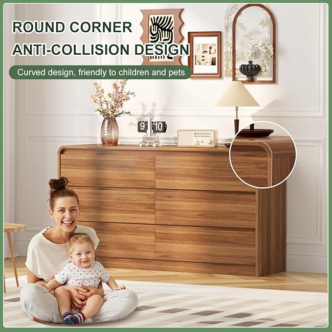 47 Inch Dresser For Bedroom 6 Drawer Wood Chest of Drawers - Curved Anti Collision, Mid Century Dresser For Closet with Natural Texture & Pre-Embedded Slots for TV Stand, Living Room, Nursery