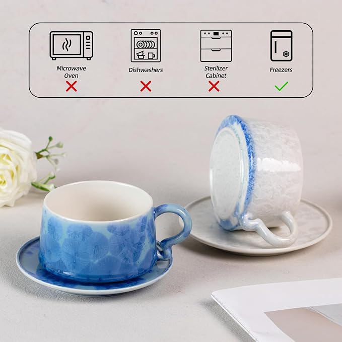 KAMMAK Tea Cups and Saucers set of 2, Porcelain Coffee Cups, 7.5oz Crystalline Glaze Espresso Mugs, Ceramic Demitasse for Coffee, Cappuccino, Latte, Americano, Tea (Dark Blue and White Blue)