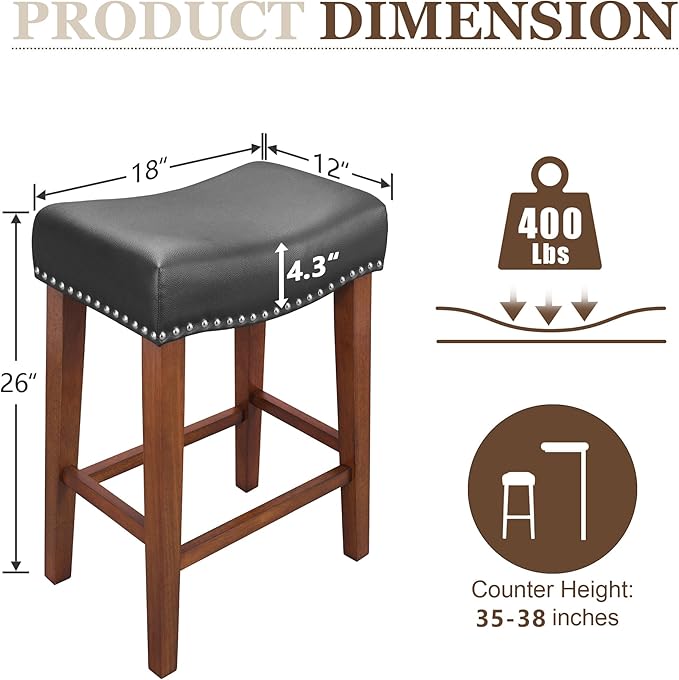 PrimeZone Counter Height Bar Stools Set of 4 - Backless Saddle Barstools with 4.3" Thick Upholstered, Nailhead Trim Faux Leather & Solid Wood Legs, 26 Inch Counter Stools for Kitchen Island, Black
