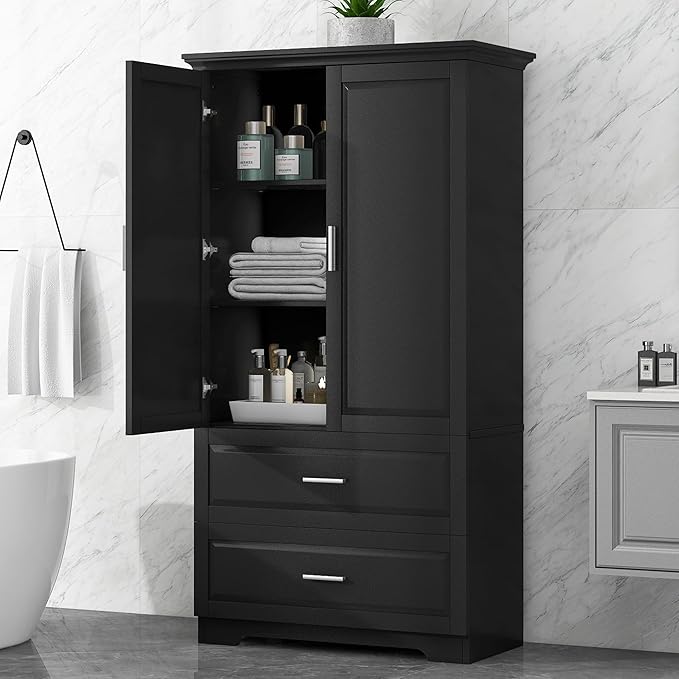 Tall Storage Cabinet, Bathroom Floor Freestanding Storage Cabinet with 2 Doors and 2 Drawers for Bathroom, Office, Living Room, Black
