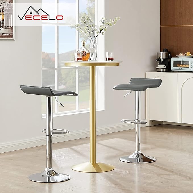 VECELO Bar Stools Set of 2, Swivel Bar Chairs, Counter Bar Stools with Height-Adjustable, Modern Armless PVC Stools for Kitchen/Island/Bar/Dining Room/Party, Dark Grey