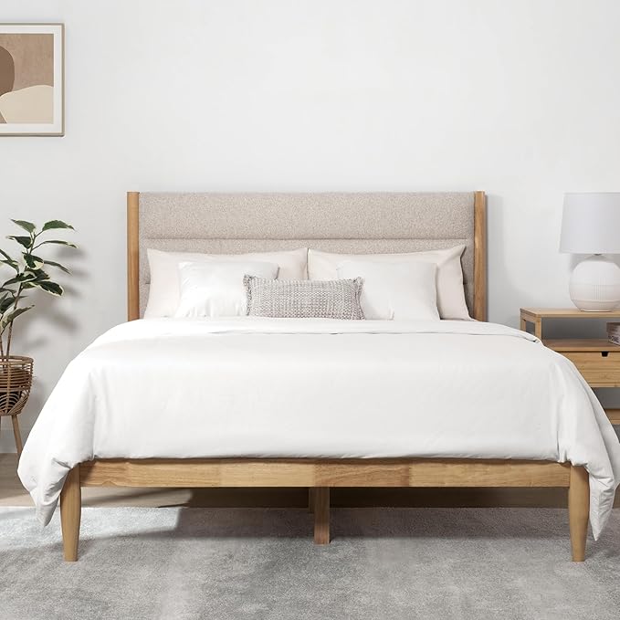 Wood Bed Frame with Headboard Upholstered Platform Mattress Foundation,Strong Wooden Slat Support,No Box Spring Needed