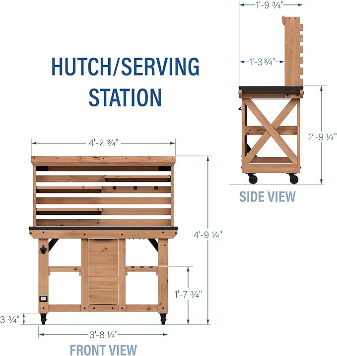 Backyard Discovery 48" Cedar Wood Buffet Hutch Serving Station with Galvanized Steel Countertop, Wine Rack, Wine Glass Rack, Trash Bin, Modular Shelves, Towel Bar, Drink and Food Prep, Indoor/Outdoor