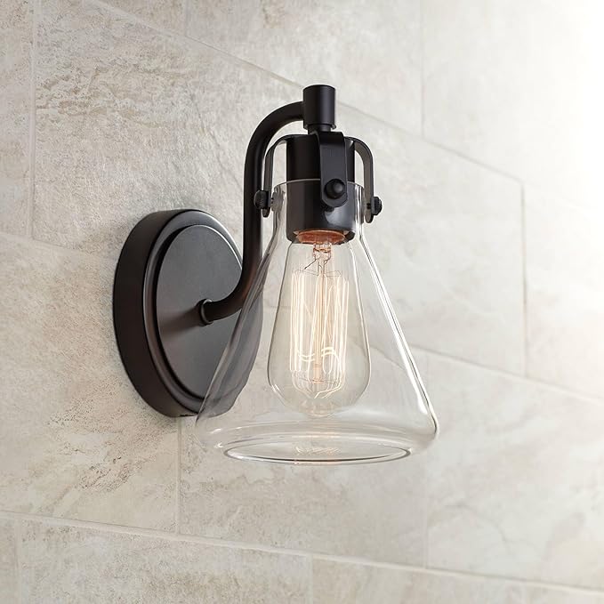 Possini Euro Design Cindy Rustic Wall Light Sconces Set of 2 Bronze Hardwire 5 1/2" Fixture Beaker Clear Glass Shade for Bedroom Bathroom Bedside Vanity Living Room Home Hallway Dining Kitchen