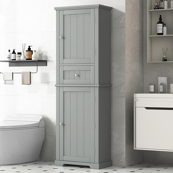 Tall Storage Cabinet, Bathroom Floor Freestanding Storage Cabinet with 2 Doors, One Drawer, and Adjustable Shelf for Bathroom, Office, Living Room, Grey