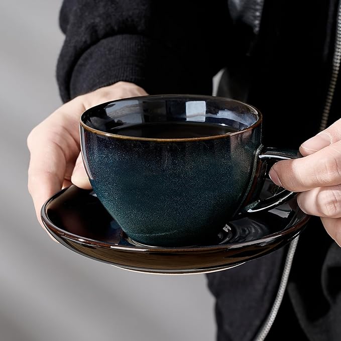SIDUCAL Espresso Cups Set of 4 [8oz] Porcelain Coffee Cups with Saucers and Holder,Latte Cups- Latte Art Cup - Microwave/Dishwasher Safe,Espresso Demitasse Cups(Blue and Green)