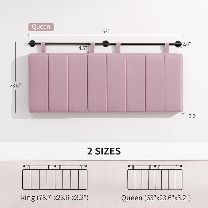 UEV Queen Headboard Only, Wall Mounted Hanging Upholstered Bed Head Board, Modern Vertical Channel Design of Fine Linen, Elegant Pink Fluted Headboard for Bedroom (Pink, Queen Size)