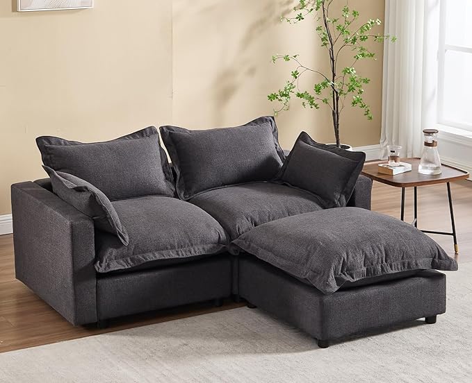 chairus 68" Love Seat Sofa with Ottoman Upholstered Linen Deep Seat Couch with Pillow Modular Oversized Couch Sleeper for Living Room, Bedroom, Reception Room, Apartment, 2-Seater/Black